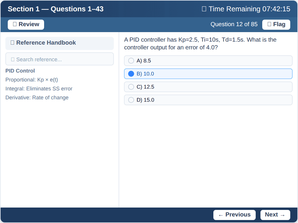Timed exam simulator with split-screen reference panel and multiple choice question