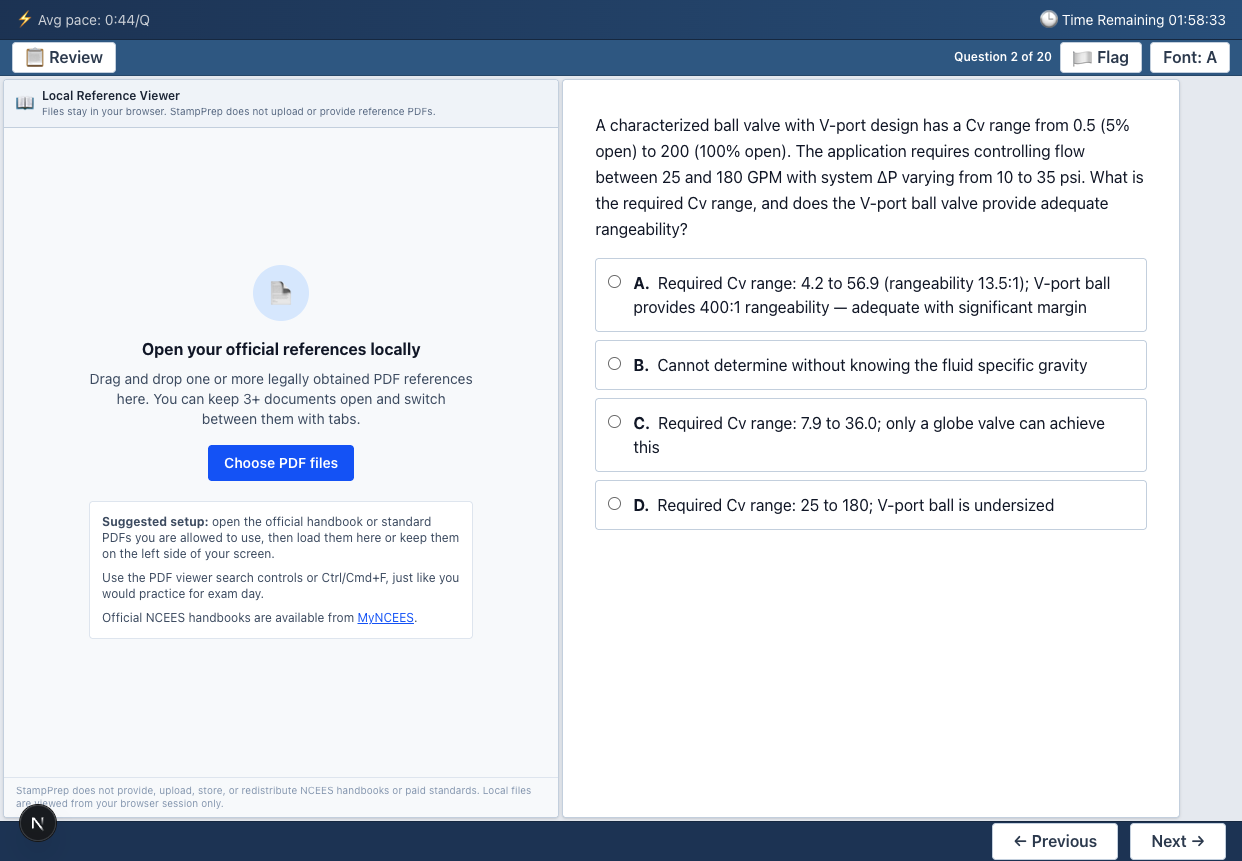 StampPrep timed exam interface with reference handbook, question panel, timer, review, flag, previous, and next controls.